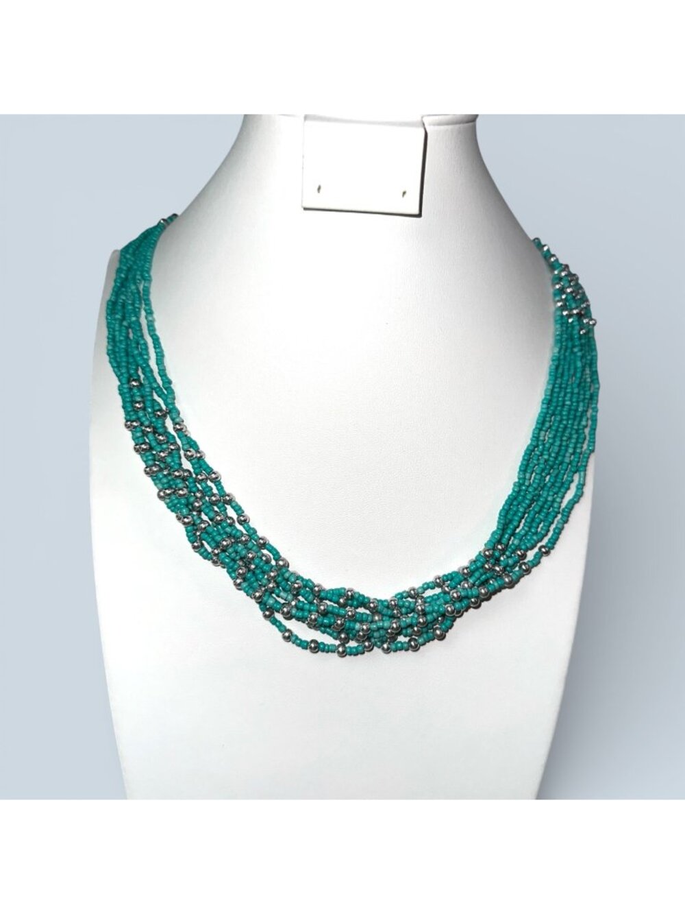 Multi-Strand Turquoise & Silver Beaded Necklace With Adjustable Clasp 32in Adjus